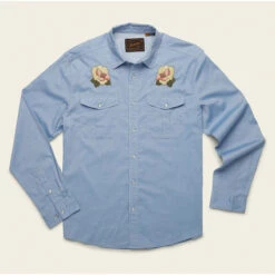 Men's Gaucho Snapshirt -Urban Trail Sales Store S22 Gaucho Irie Hibiscus Faded Blue Oxford Flat Front 1